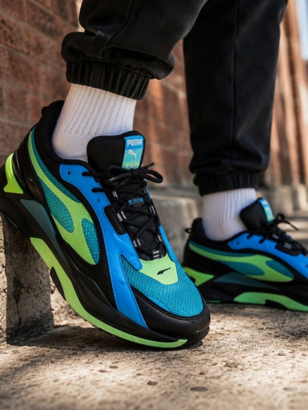 Puma RS System Sneakers Men's Sz 10.5 Blue Green Black Chunky Retro Running Shoe